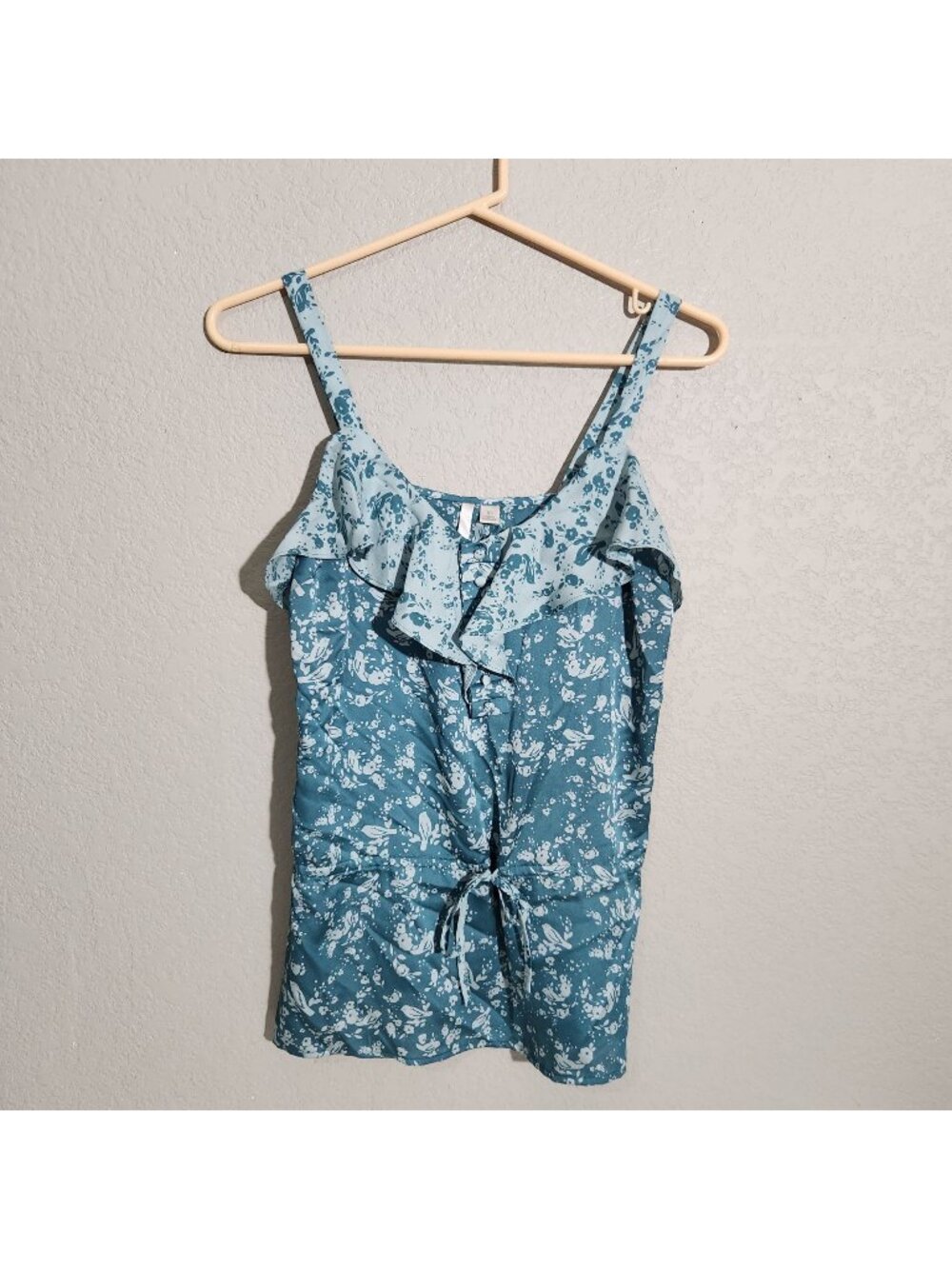 Lauren Conrad Womens Floral Sleeveless Top XS Teal Blue With Ruffle Detail